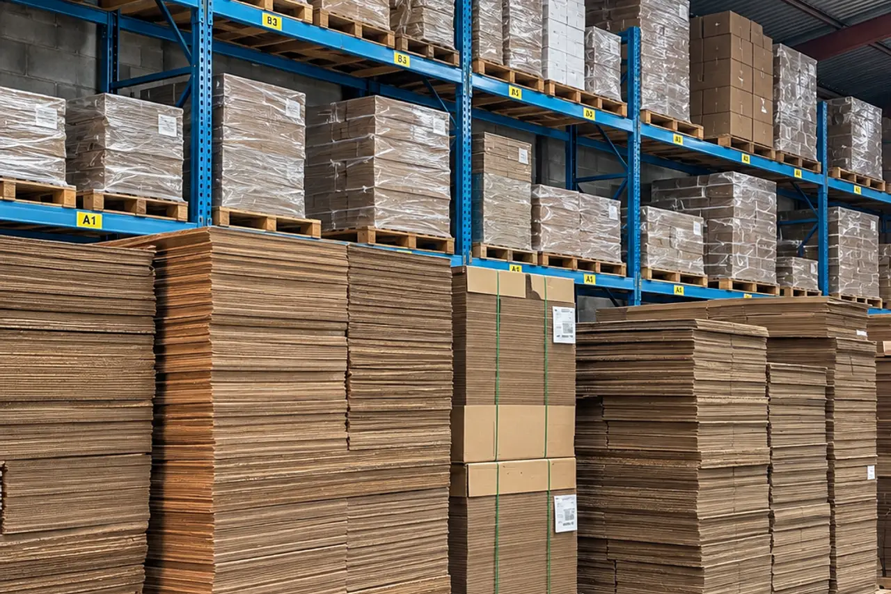 Almacén con tarimas de cajas de cartón corrugado listas para envío
